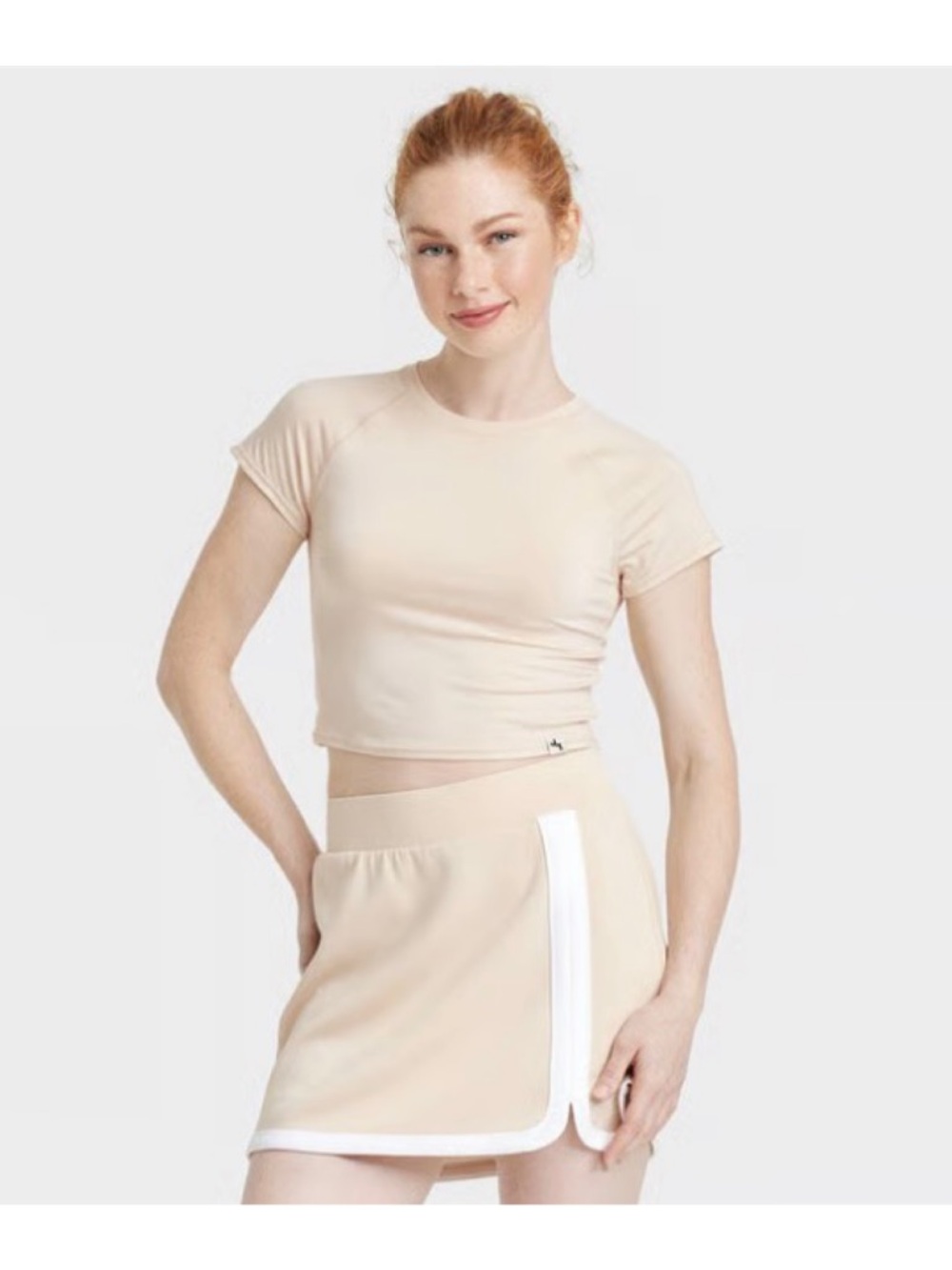 JoyLab Knit Cropped Short Sleeve Top (Light Beige - Medium)